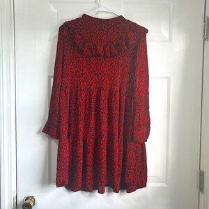 Zara Women Black and Orange Cheeta Print Ruffle Neck Flowy Mini Dress Size Small